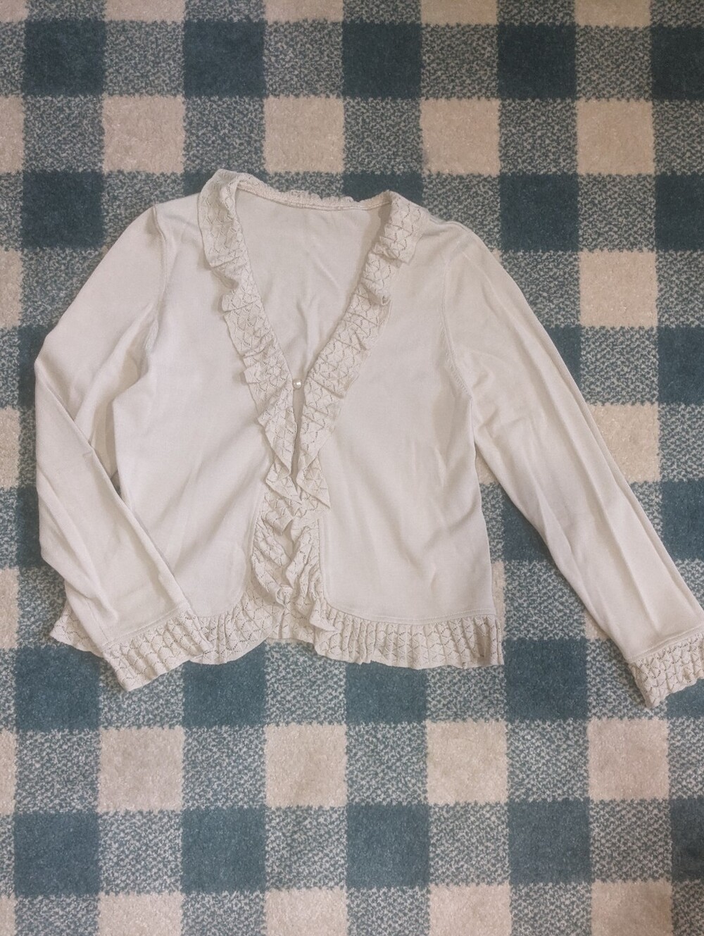 Cream Lace Ruffle Trimmed Cottagecore Earthy Bohemian Cardigan Sweater M/L